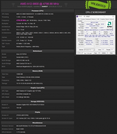 APU AMD A12-9800 разогнан до 4,8 ГГц на плате ASUS Octopus