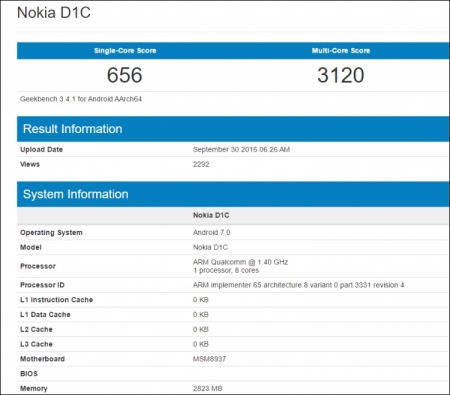 Бенчмарк раскрыл характеристики смартфона Nokia D1C на базе Android 7.0